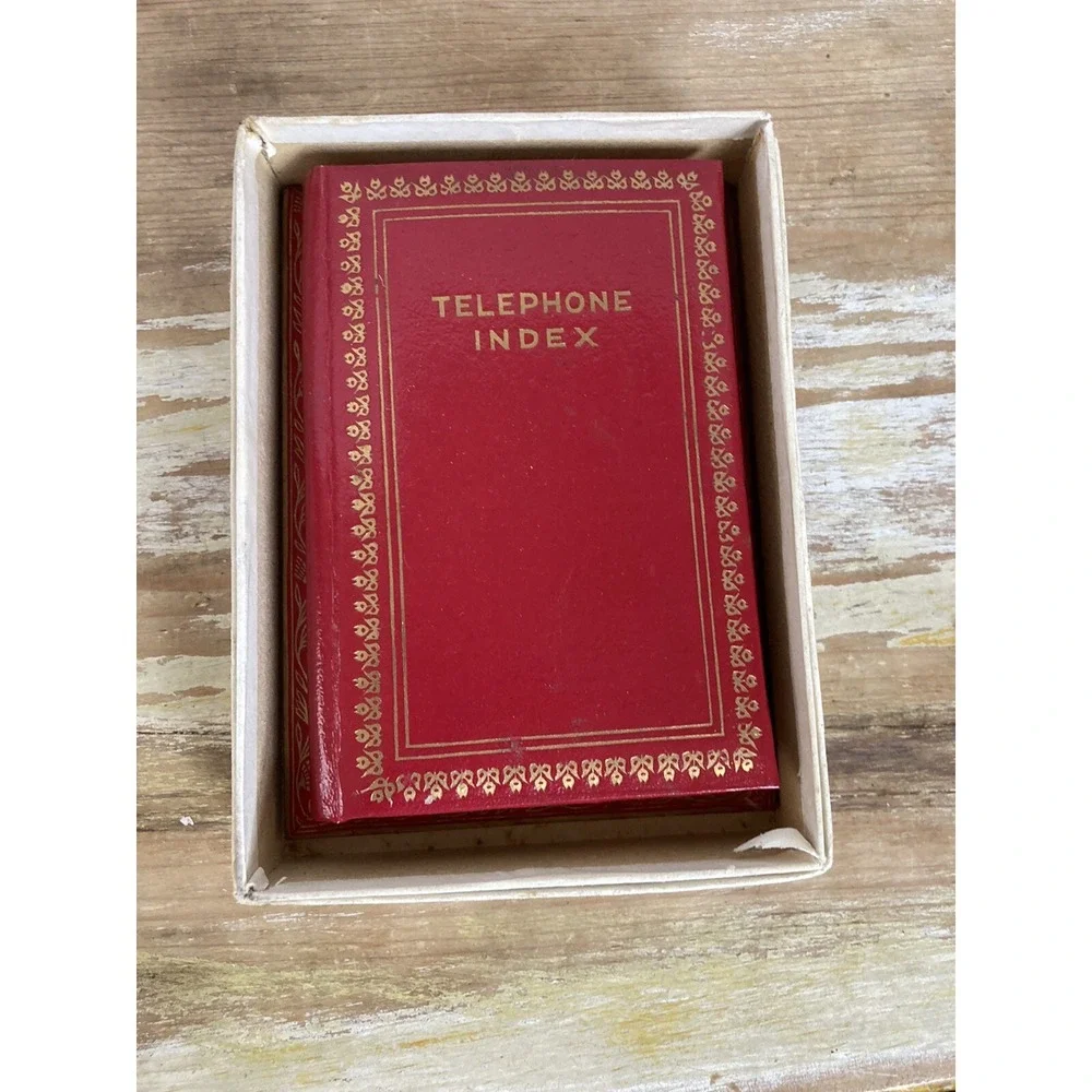Vintage unused telephone index address phone desktop Japan 1960's red gold box